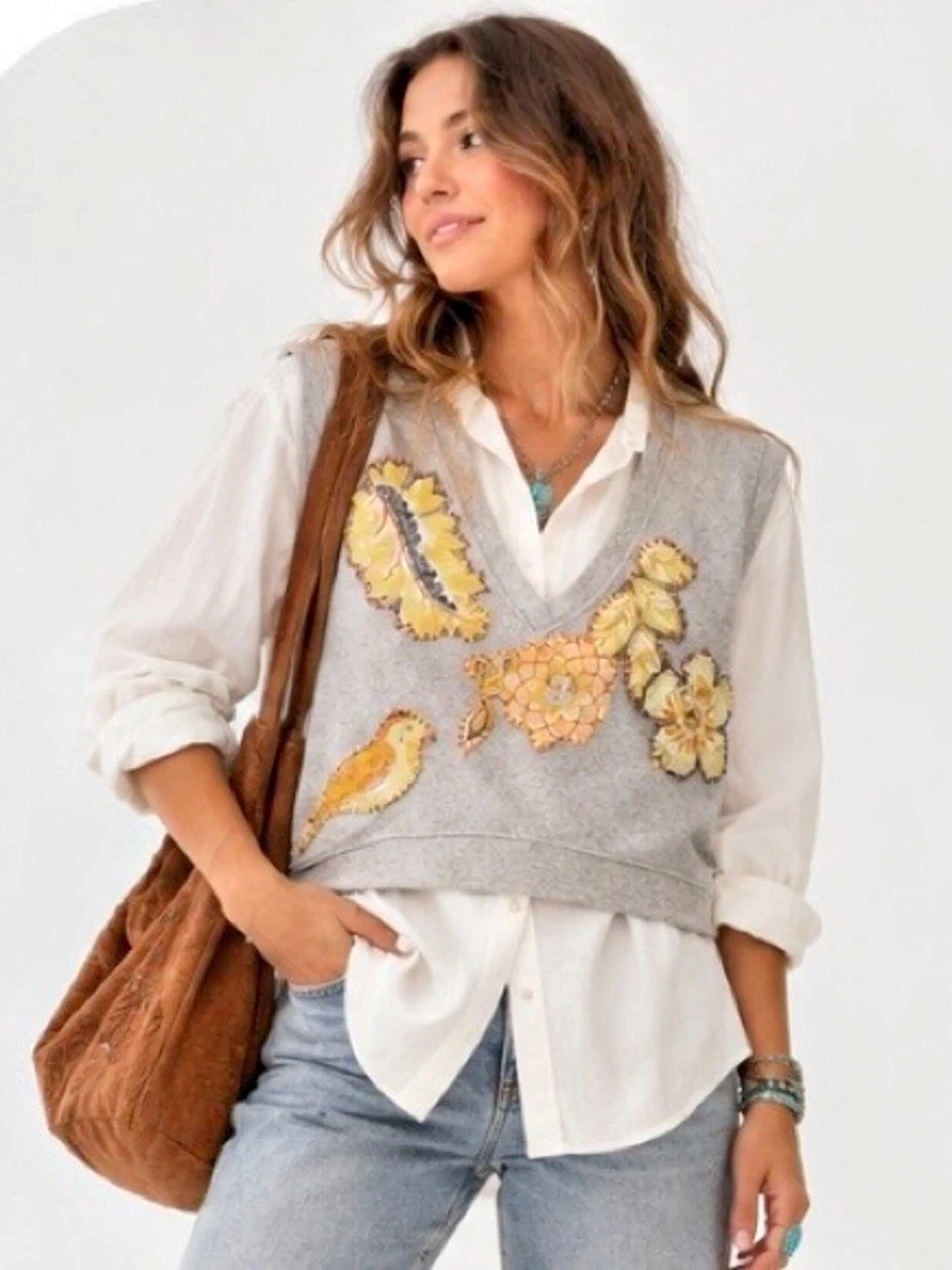 Upcycled Floral Appliqué Gray Vest